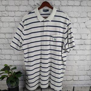 Polo short sleeve striped blue cotton shirt, pocket, XXL 2XL